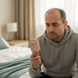Мужчина лет тридцати пяти с заметно поредевшими волосами, в сером худи, сидит на кровати и озабоченно смотрит на деревянную массажную щётку