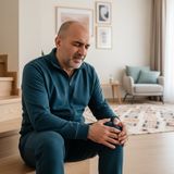 Мужчина средних лет в тёмно-бирюзовом спортивном костюме сидит на деревянной ступеньке в гостиной и, морщась, держится обеими руками за колено