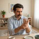 Мужчина средних лет с густыми усами сидит за деревянным столом и разглядывает пальцы поднятой руки, обхватив её запястье другой рукой